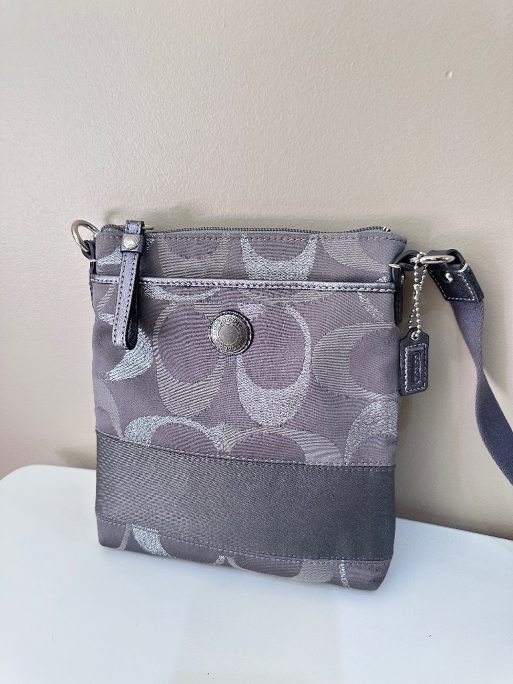 Vintage Y2K Coach Gray & Silver Glitter Signature Stripe Swingpack Crossbody Bag